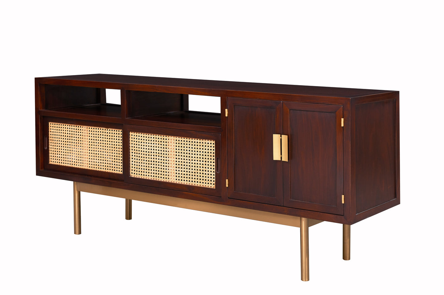 Modern Rattan Sliding Door Cabinet – Solid Wood Sideboard with Brass Accents - SOHOO