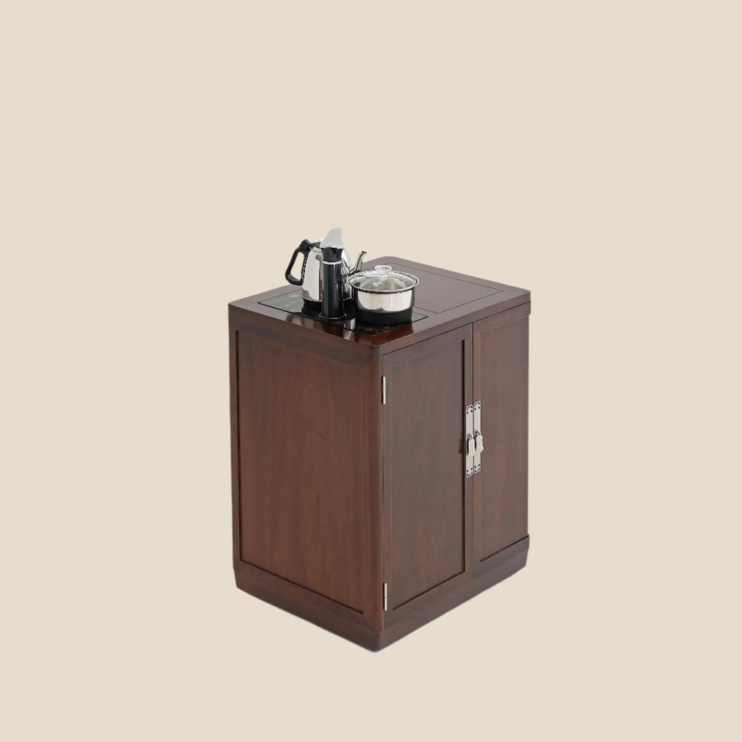 Handcrafted Classic Solid Wood Movable Tea Cart with Built-in Tea Set – Elegant Storage & Brewing Station
