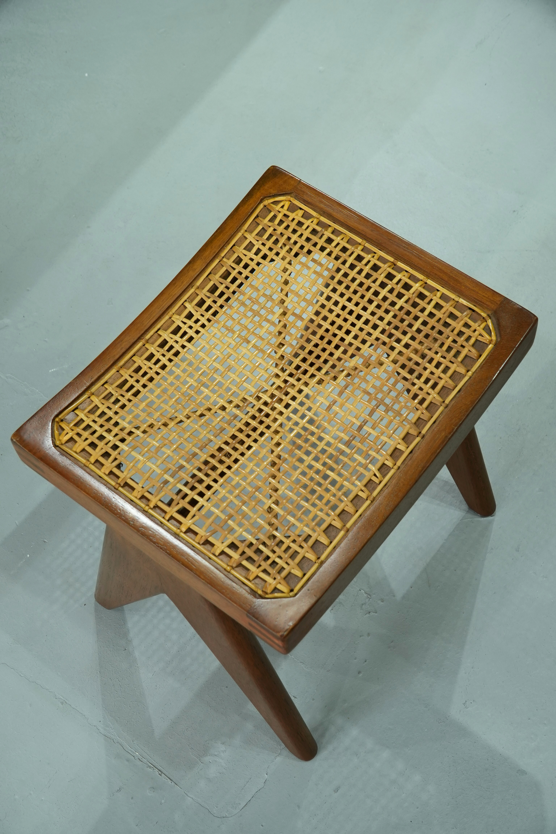 Handcrafted Antique Teak and Natural Rattan Stool -- A Timeless Classic - SOHOO