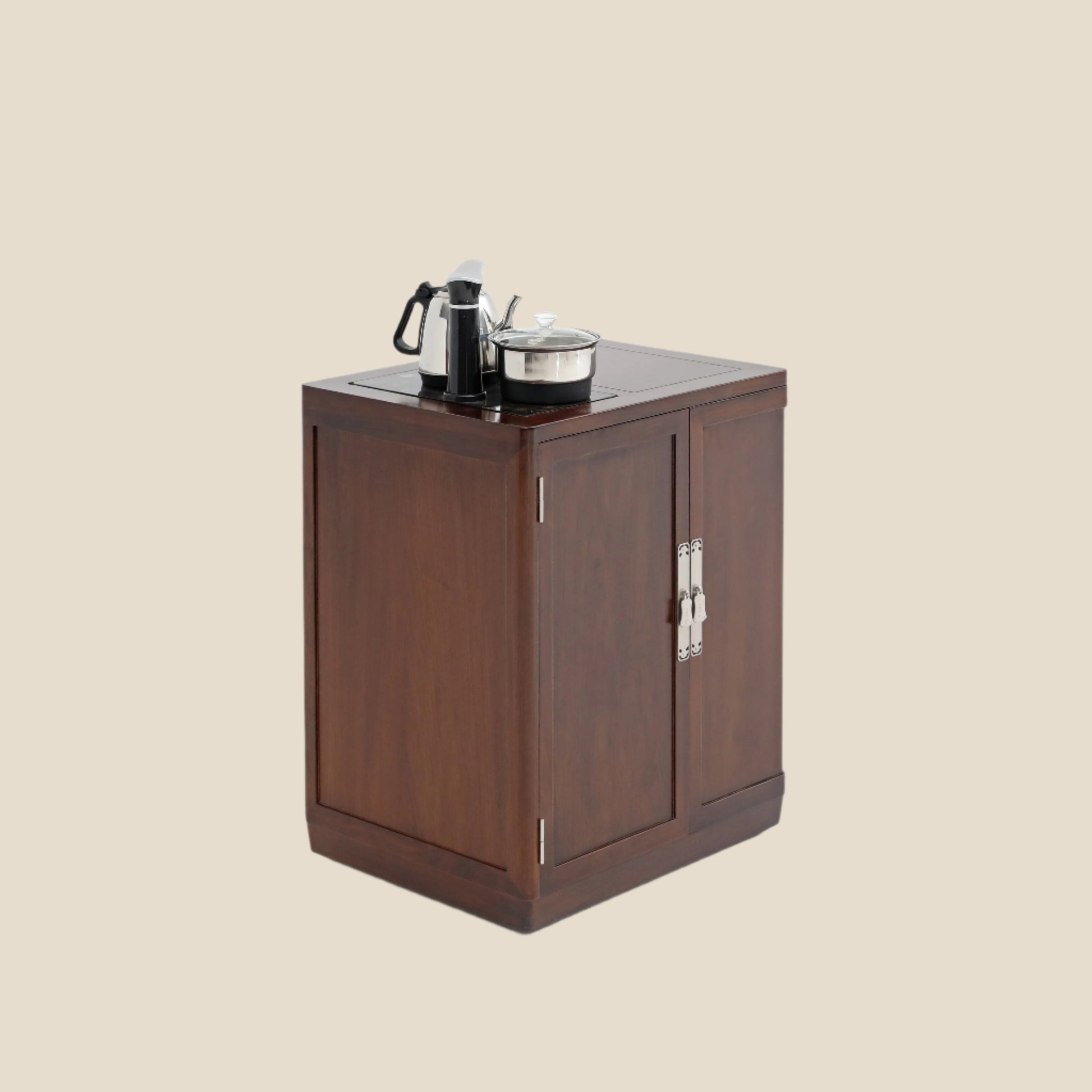 Handcrafted Classic Solid Wood Movable Tea Cart with Built-in Tea Set – Elegant Storage & Brewing Station - SOHOO