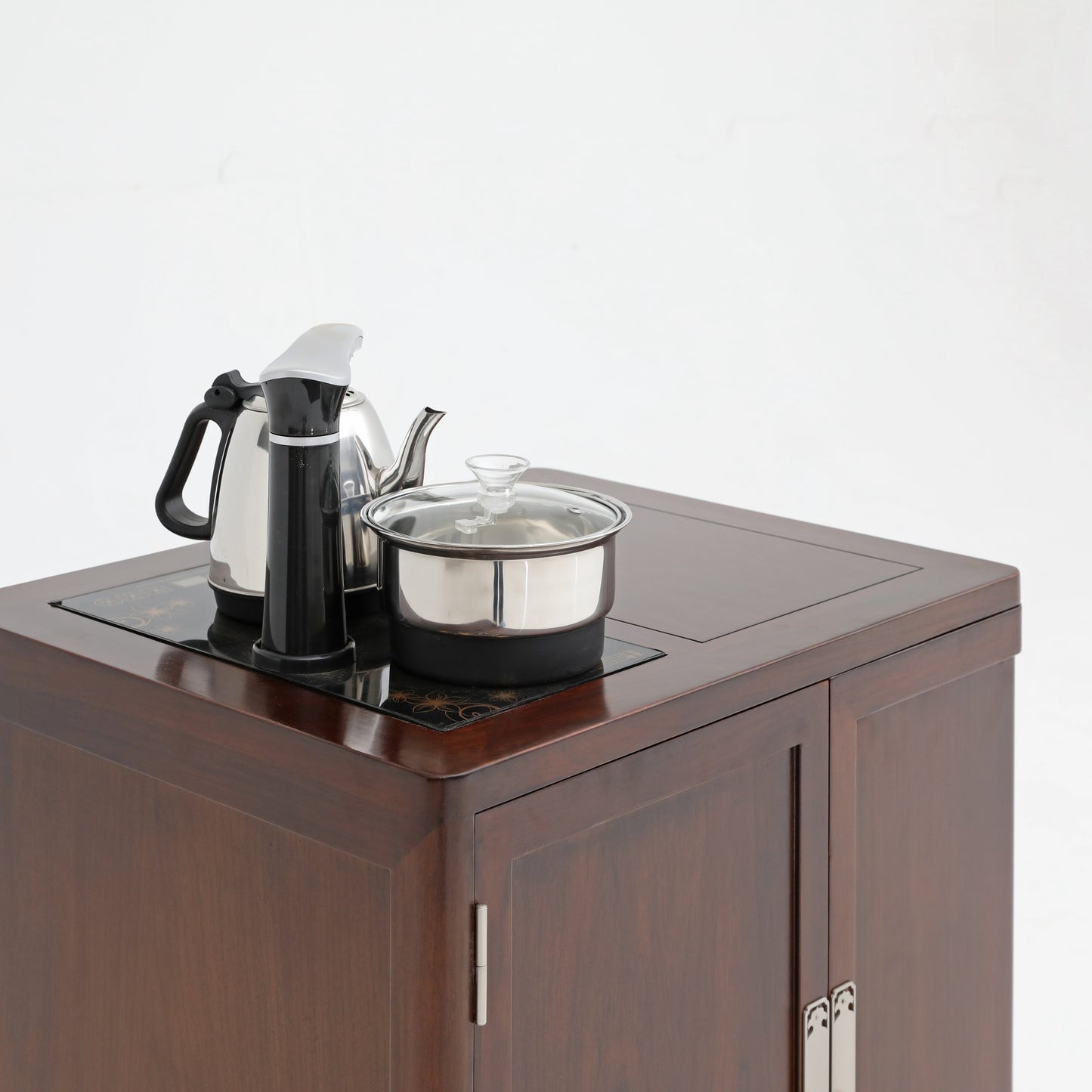 Handcrafted Classic Solid Wood Movable Tea Cart with Built-in Tea Set – Elegant Storage & Brewing Station
