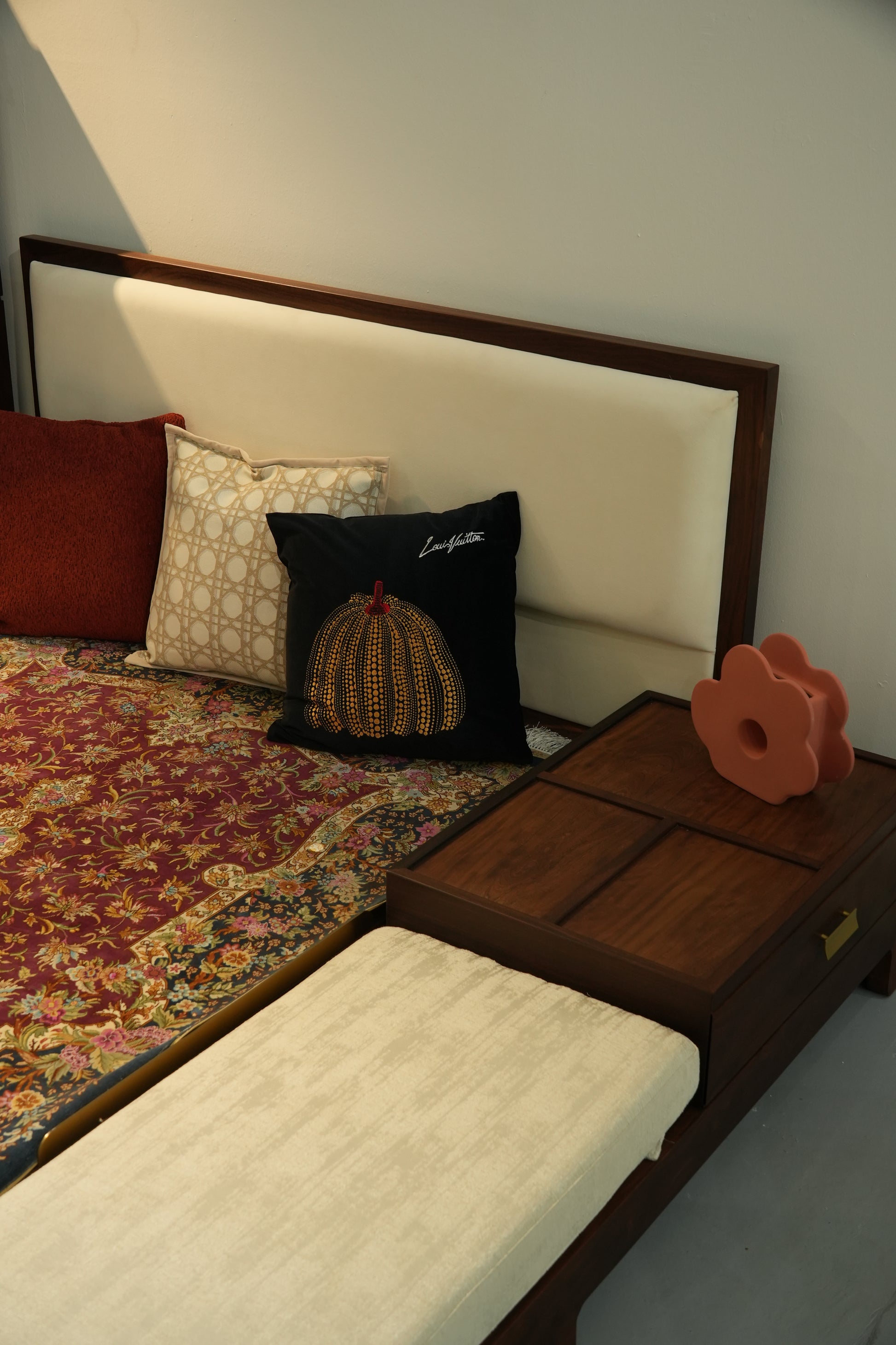 Handcrafted  hardwood Minimalist Platform Bed with  Luxe Lemon Yellow  upholstery Headboard - SOHOO