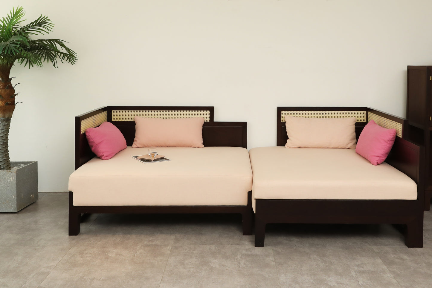Handcrafted Versatile Wooden Daybed with Rattan Backrest, multiple colors