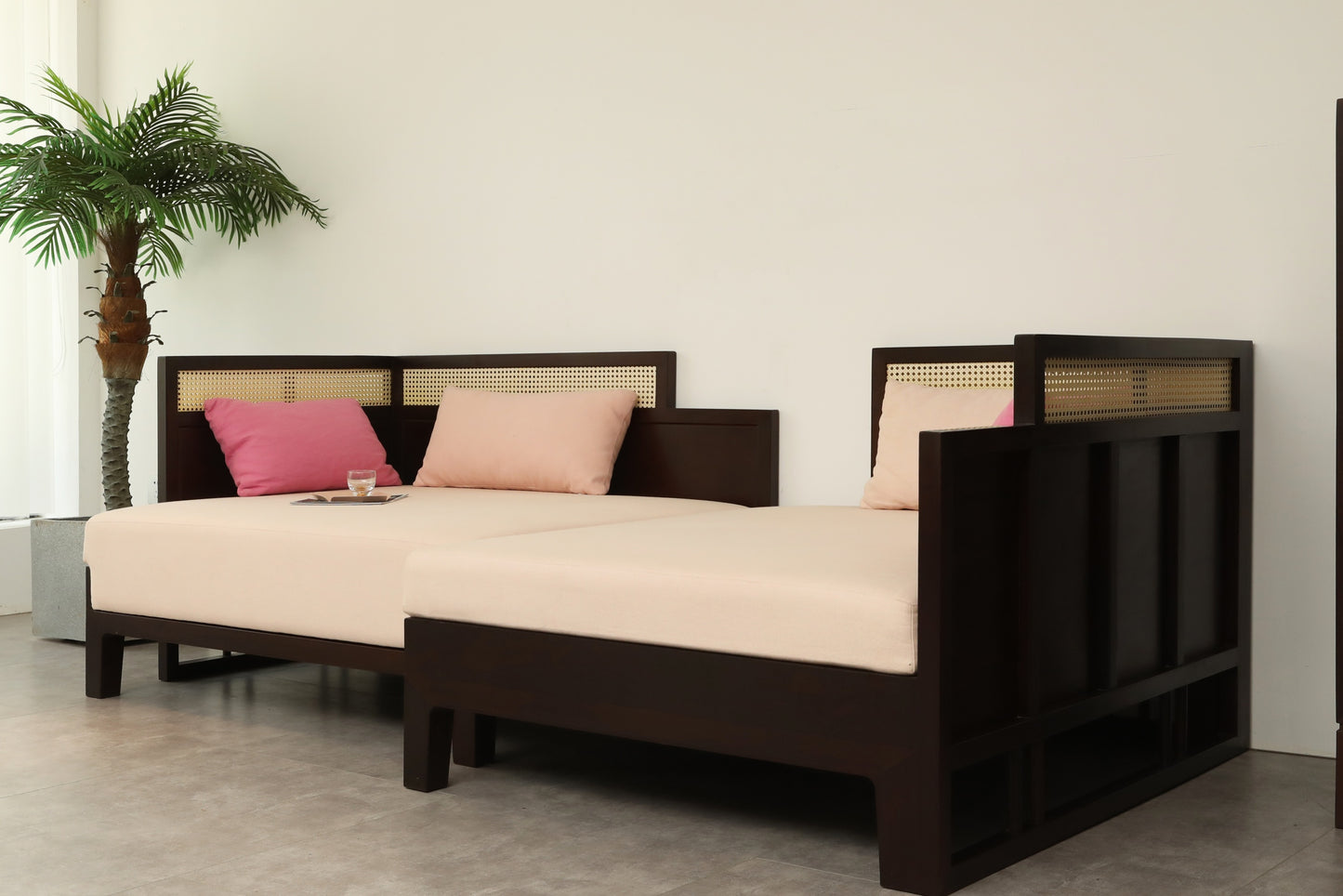 Handcrafted Versatile Wooden Daybed with Rattan Backrest, multiple colors