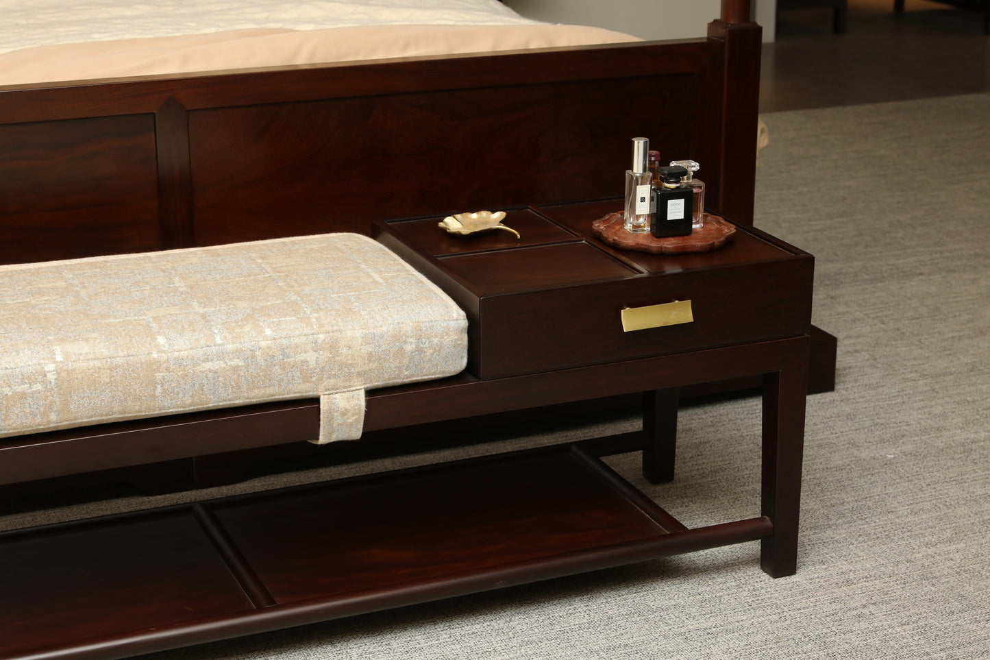 Handcrafted Natural Hardwood Modern Oriental Bench with Storage and Cushion, multiple colors