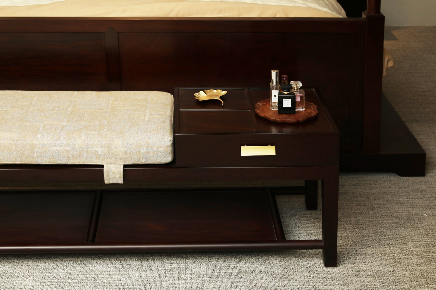 Handcrafted Natural Hardwood Modern Oriental Bench with Storage and Cushion, multiple colors