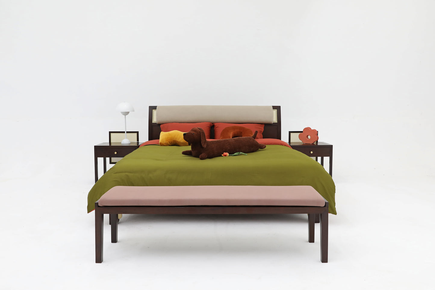 Handcrafted hardwood Elegant Wooden Bed with Rattan Accent and Brass Detailing