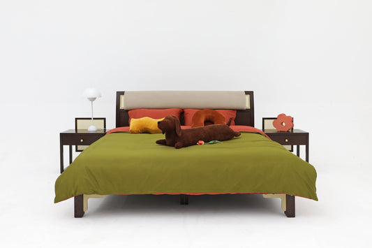 Handcrafted  hardwood Elegant Wooden Bed with Rattan Accent and Brass Detailing - SOHOO