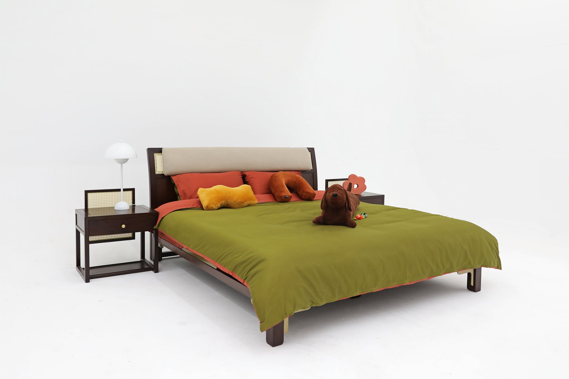 Handcrafted  hardwood Elegant Wooden Bed with Rattan Accent and Brass Detailing - SOHOO