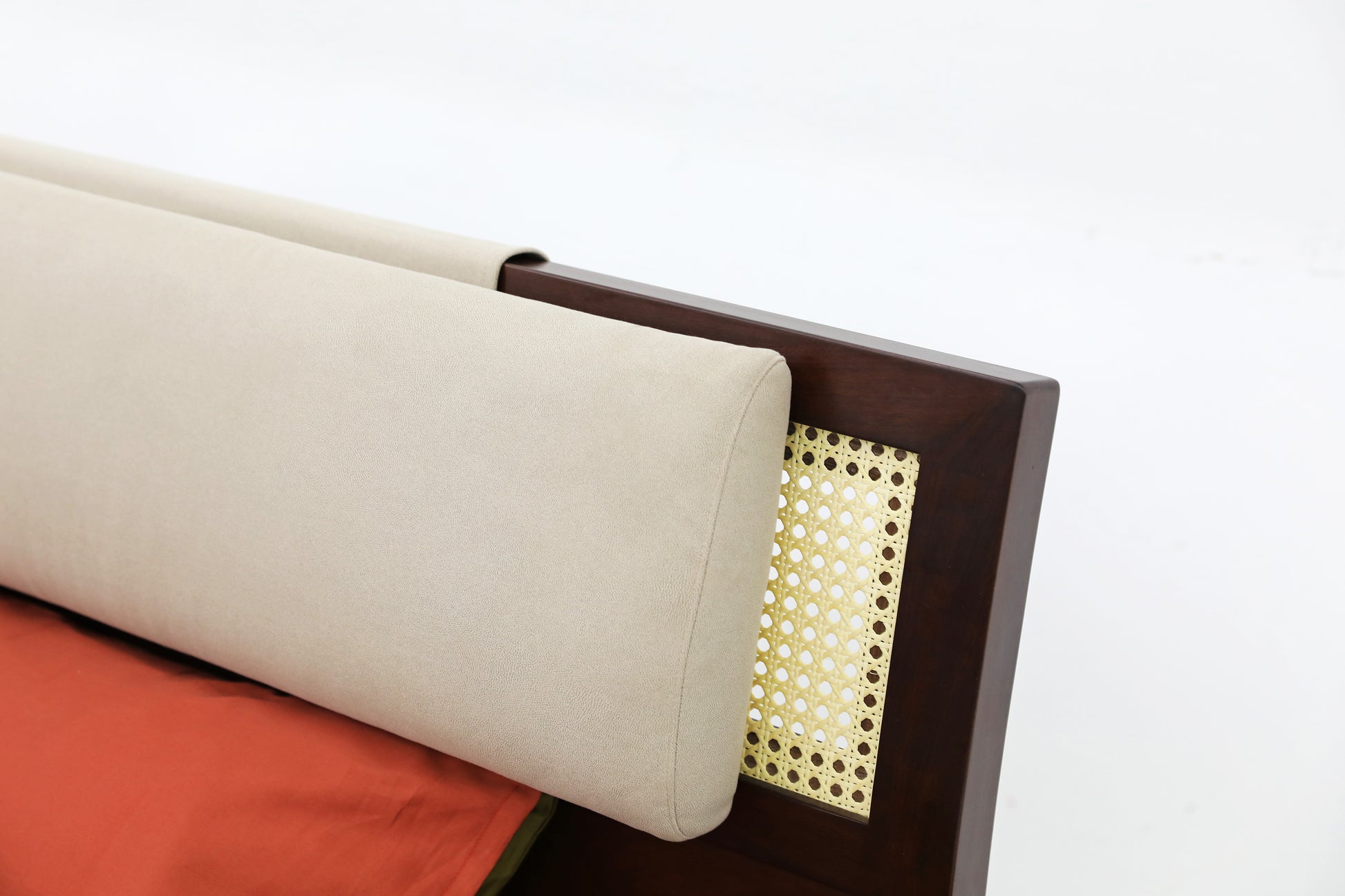 Handcrafted  hardwood Elegant Wooden Bed with Rattan Accent and Brass Detailing - SOHOO