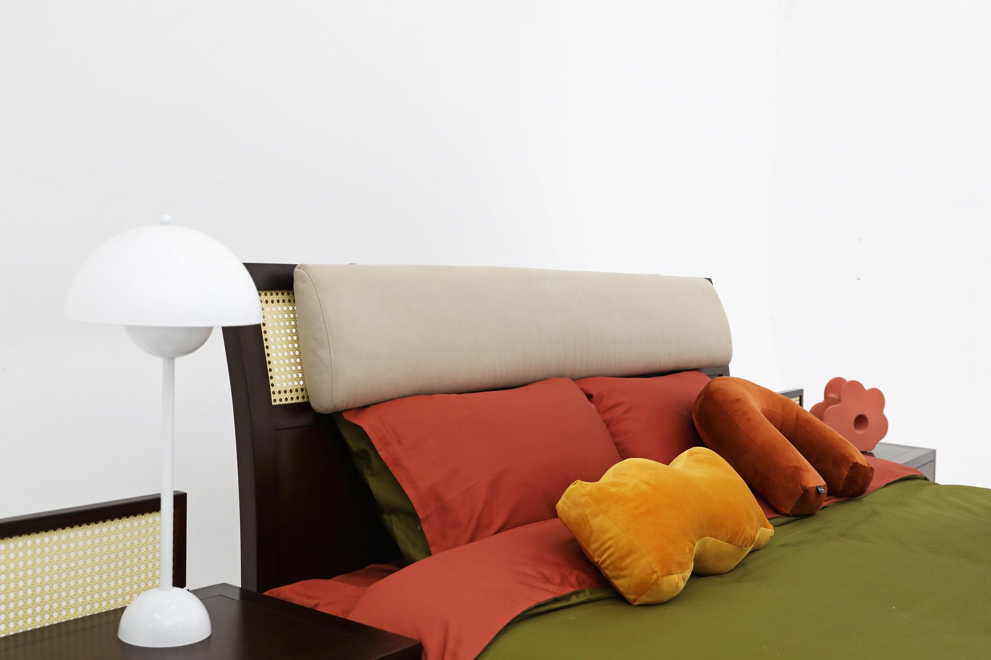 Handcrafted  hardwood Elegant Wooden Bed with Rattan Accent and Brass Detailing - SOHOO