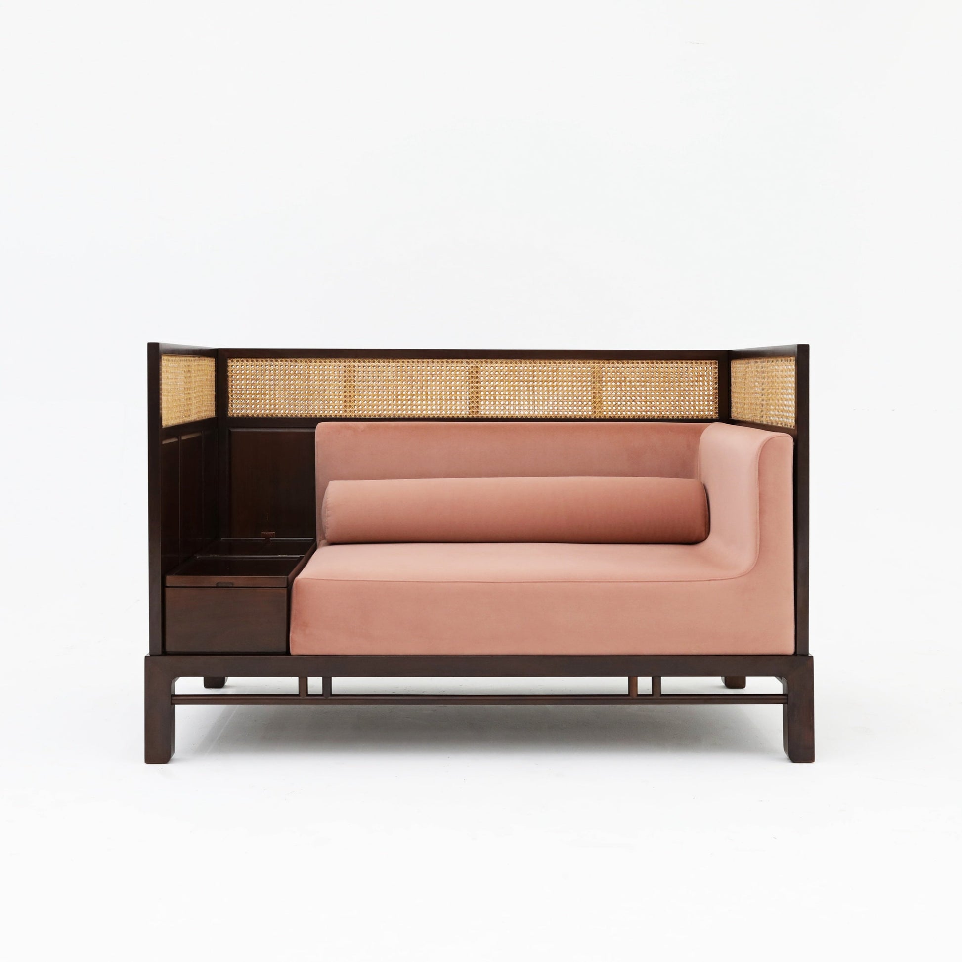 Handcrafted  hardwood Luxe Corner Daybed with Cane Accents and Dusty Rose Upholstery - SOHOO