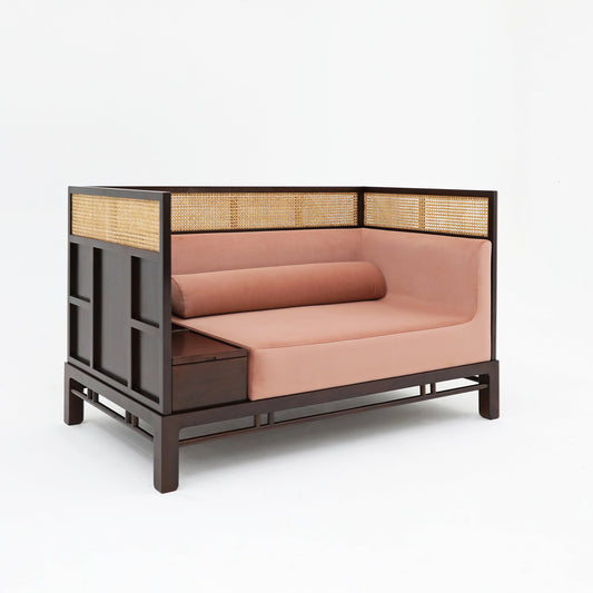 Handcrafted  hardwood Luxe Corner Daybed with Cane Accents and Dusty Rose Upholstery - SOHOO