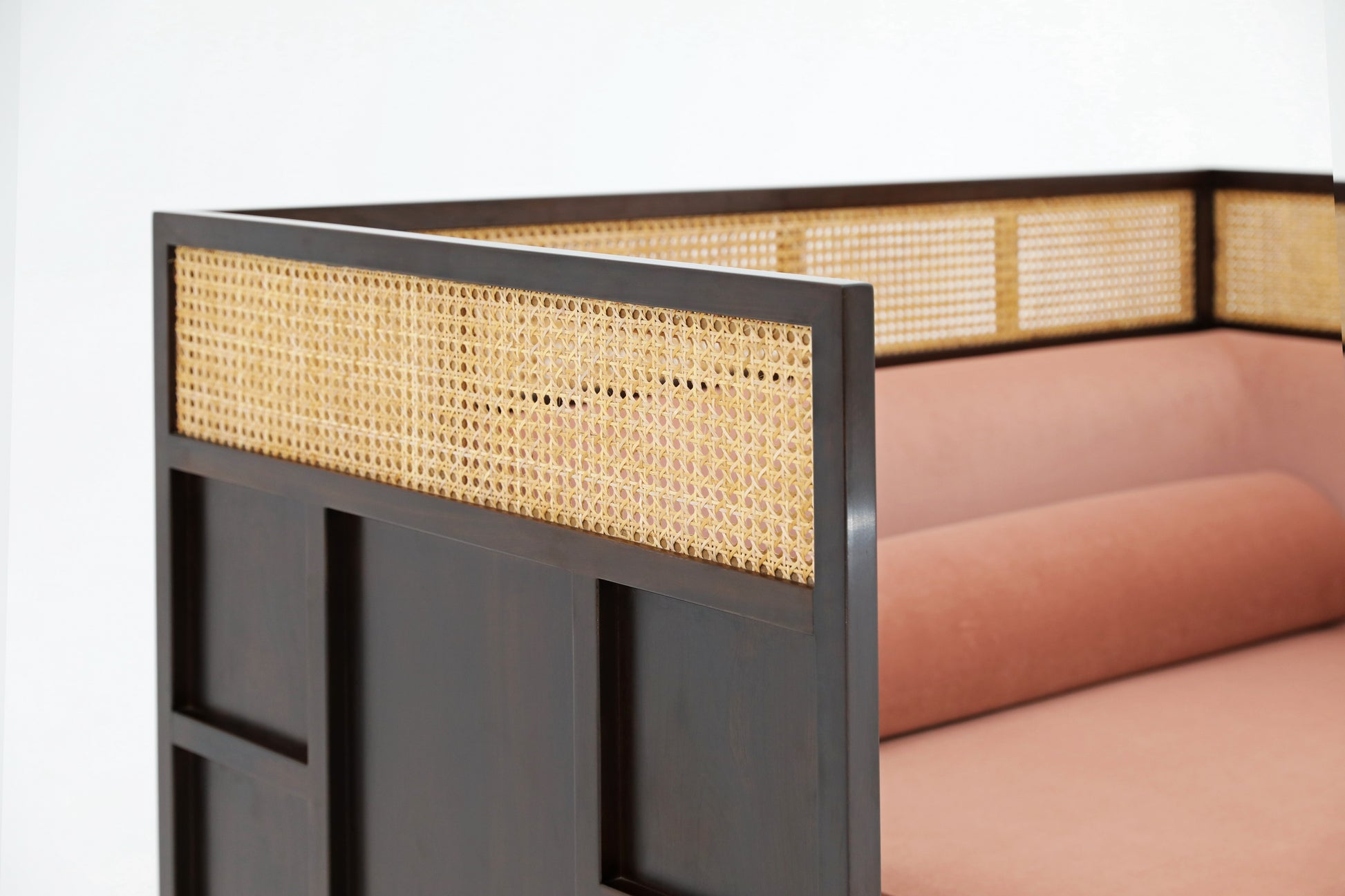 Handcrafted  hardwood Luxe Corner Daybed with Cane Accents and Dusty Rose Upholstery - SOHOO