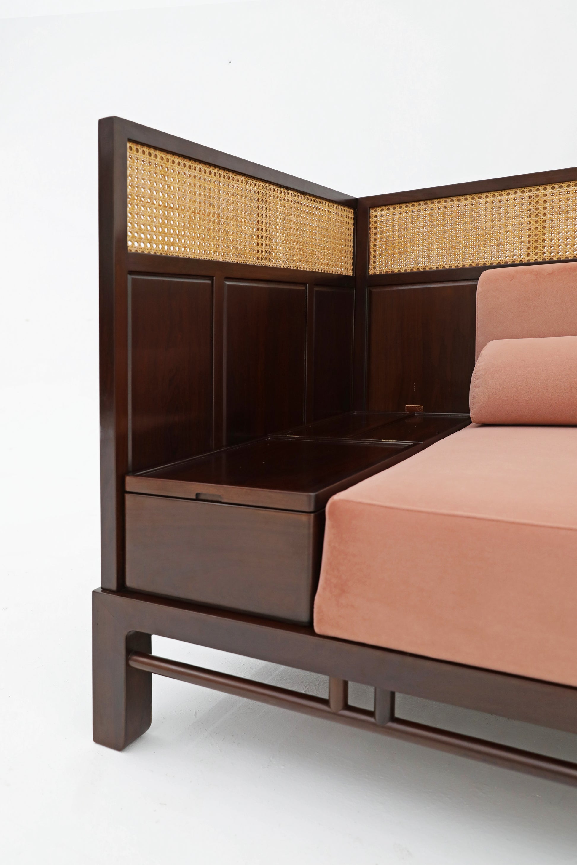 Handcrafted  hardwood Luxe Corner Daybed with Cane Accents and Dusty Rose Upholstery - SOHOO