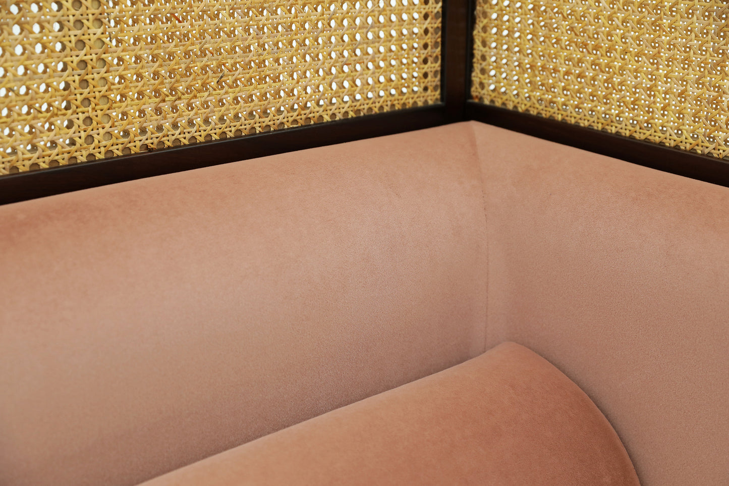 Handcrafted hardwood Luxe Corner Daybed with Cane Accents and Dusty Rose Upholstery