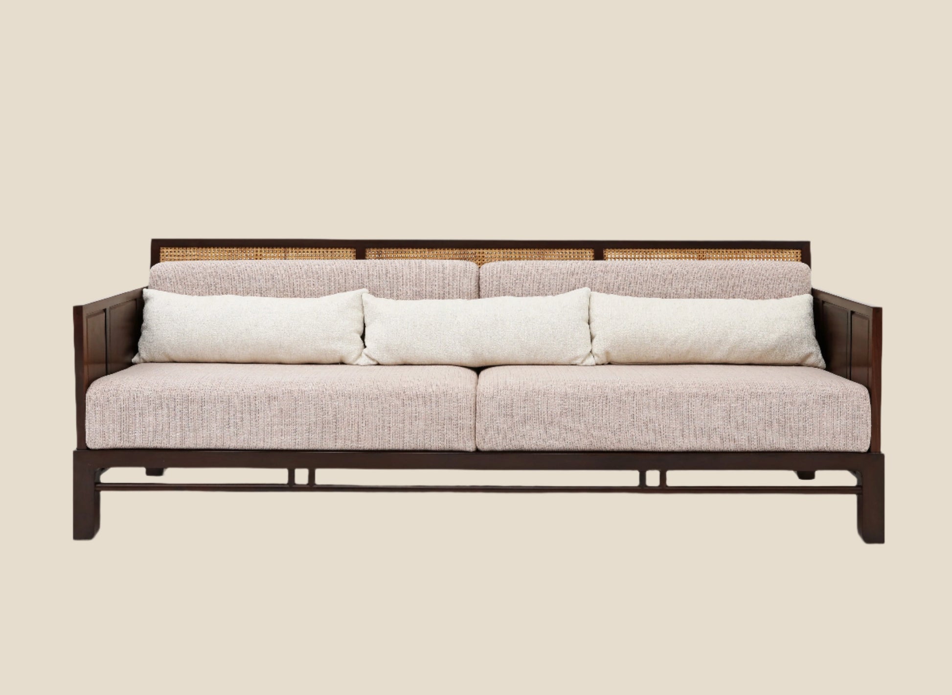 Handcrafted  hardwood Three-Seater Sofa with Rattan Backrest, pink and beige cotton cushions, modern oriental, antique style - SOHOO