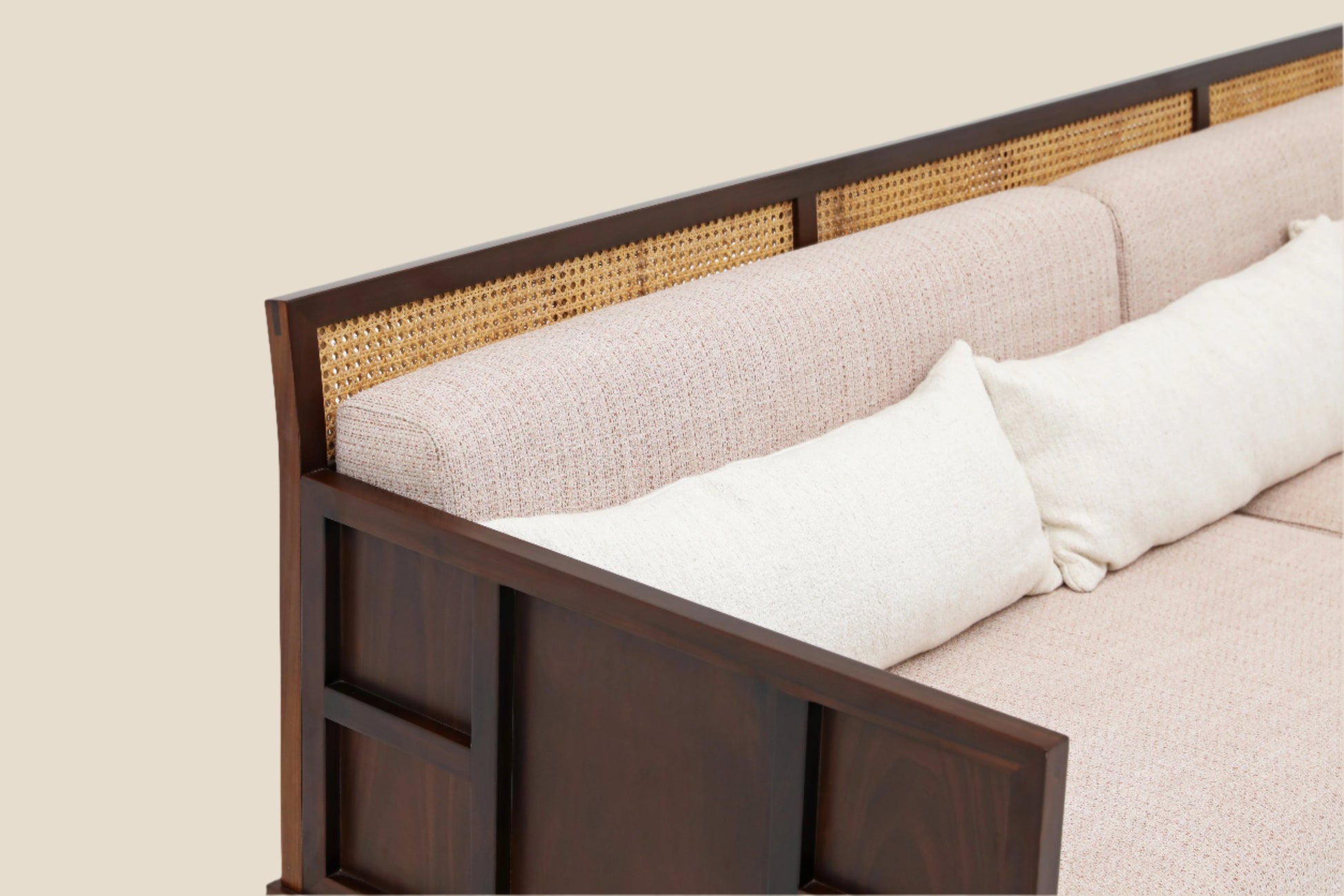 Handcrafted  hardwood Three-Seater Sofa with Rattan Backrest, pink and beige cotton cushions, modern oriental, antique style - SOHOO