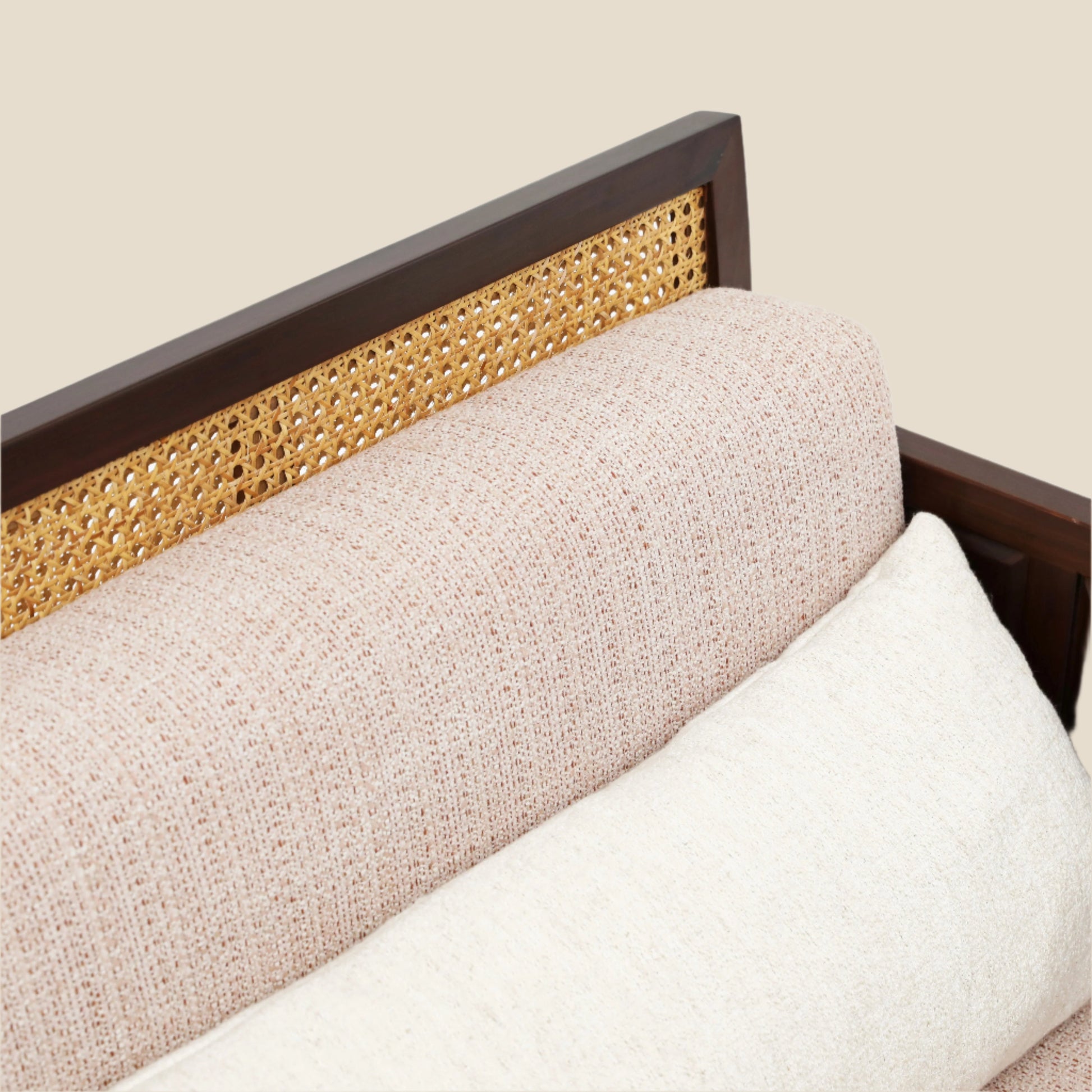 Handcrafted  hardwood Three-Seater Sofa with Rattan Backrest, pink and beige cotton cushions, modern oriental, antique style - SOHOO