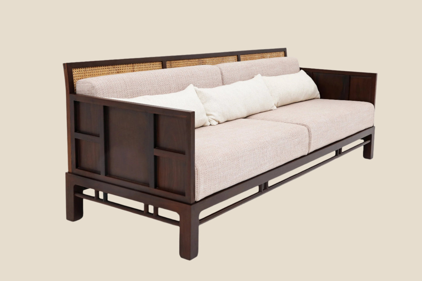 Handcrafted hardwood Three-Seater Sofa with Rattan Backrest, pink and beige cotton cushions, modern oriental, antique style - SOHOO