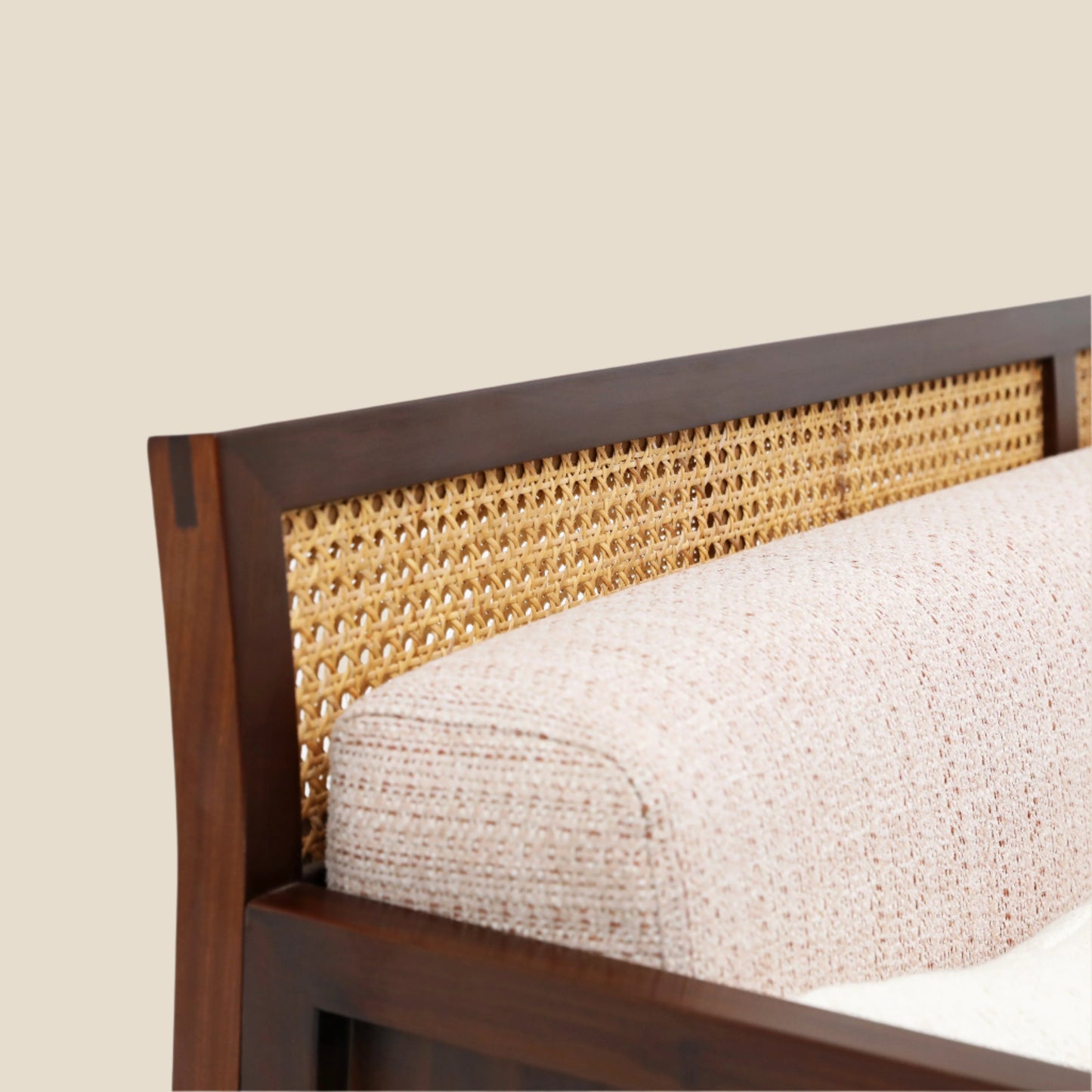 Handcrafted hardwood Three-Seater Sofa with Rattan Backrest, pink and beige cotton cushions, modern oriental, antique style - SOHOO