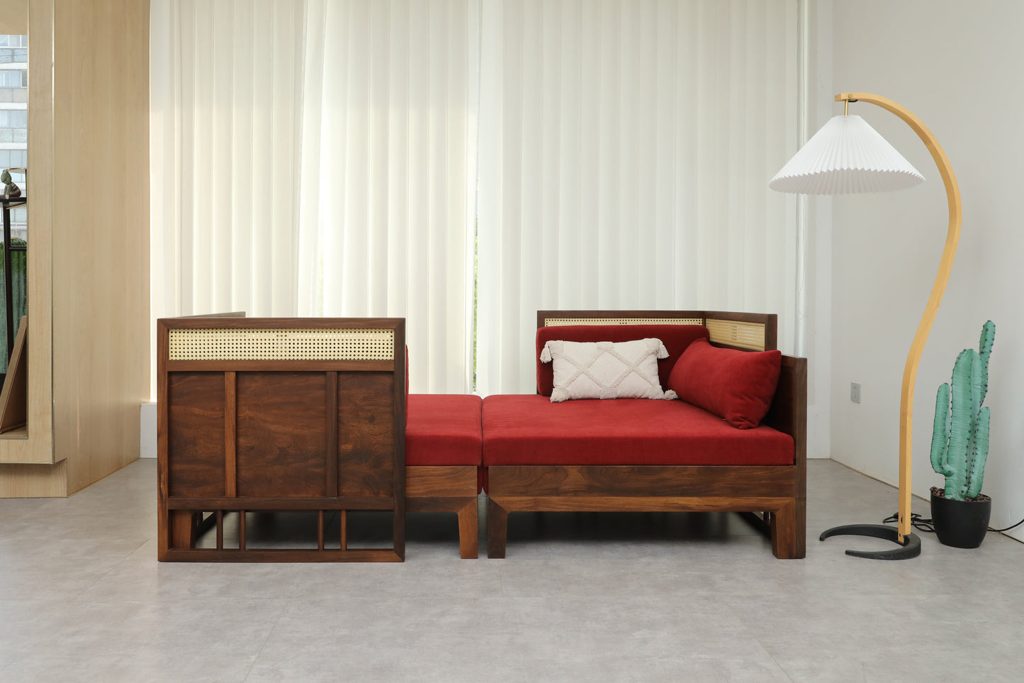 Handcrafted Versatile Wooden Daybed with Rattan Backrest, multiple colors