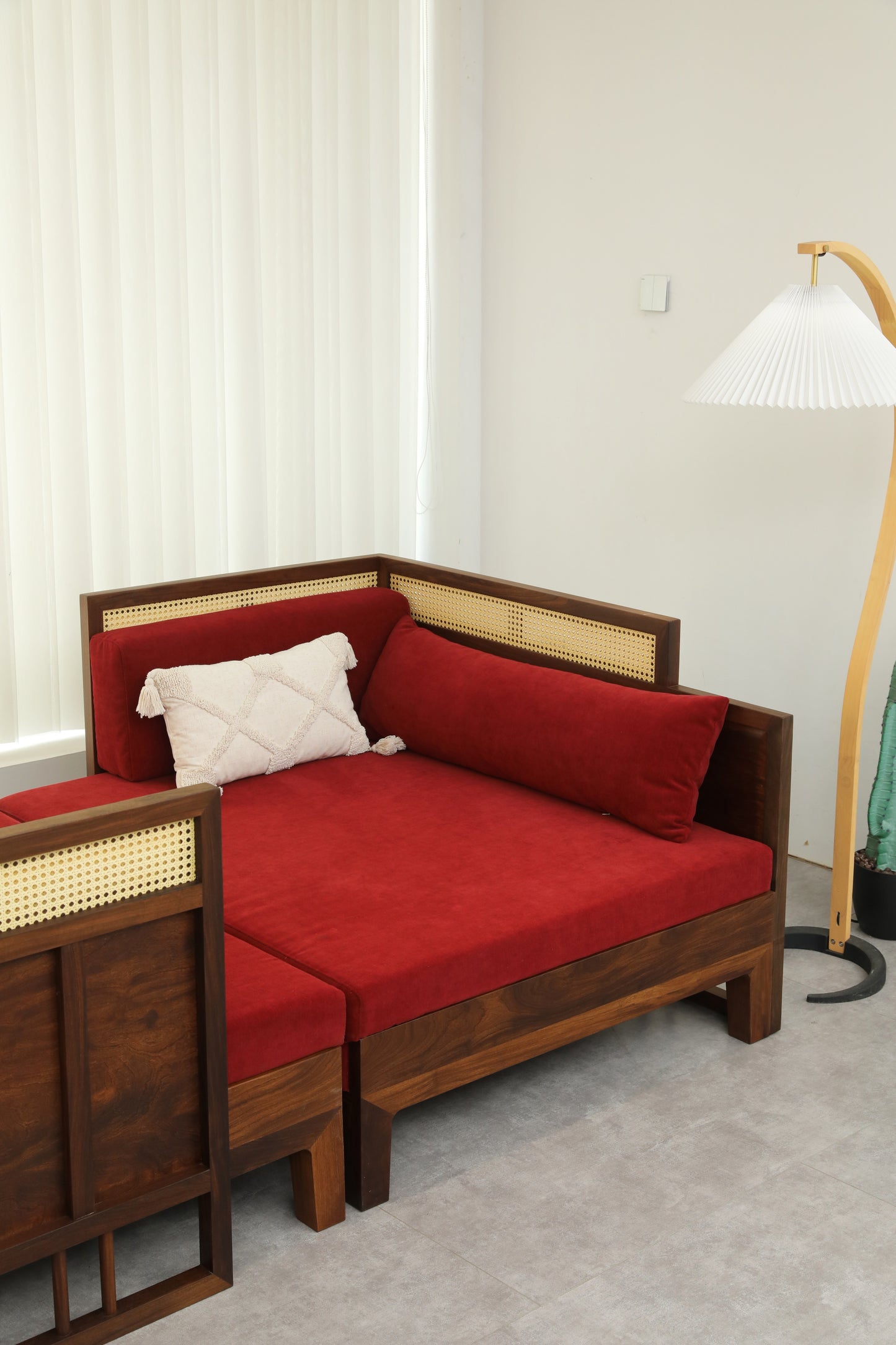 Handcrafted Versatile Wooden Daybed with Rattan Backrest, multiple colors