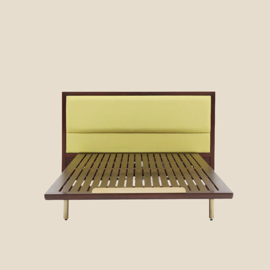 Handcrafted  hardwood Minimalist Platform Bed with  Luxe Lemon Yellow  upholstery Headboard - SOHOO