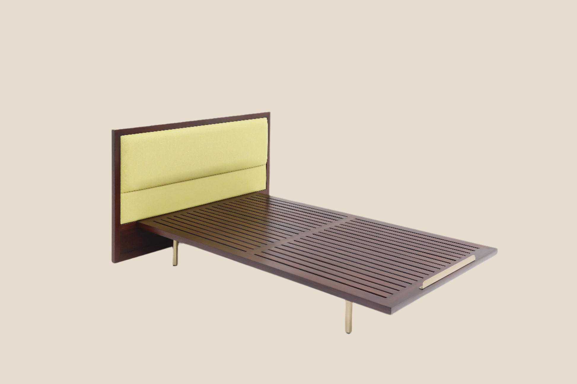 Handcrafted  hardwood Minimalist Platform Bed with  Luxe Lemon Yellow  upholstery Headboard - SOHOO