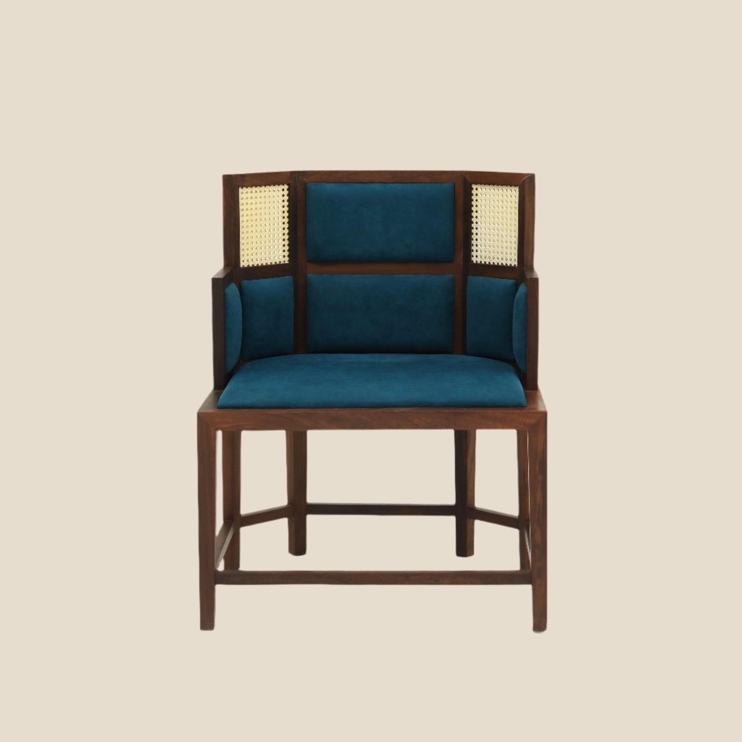 Handcrafted Minimalist hardwood armchair with luxurious teal upholstery