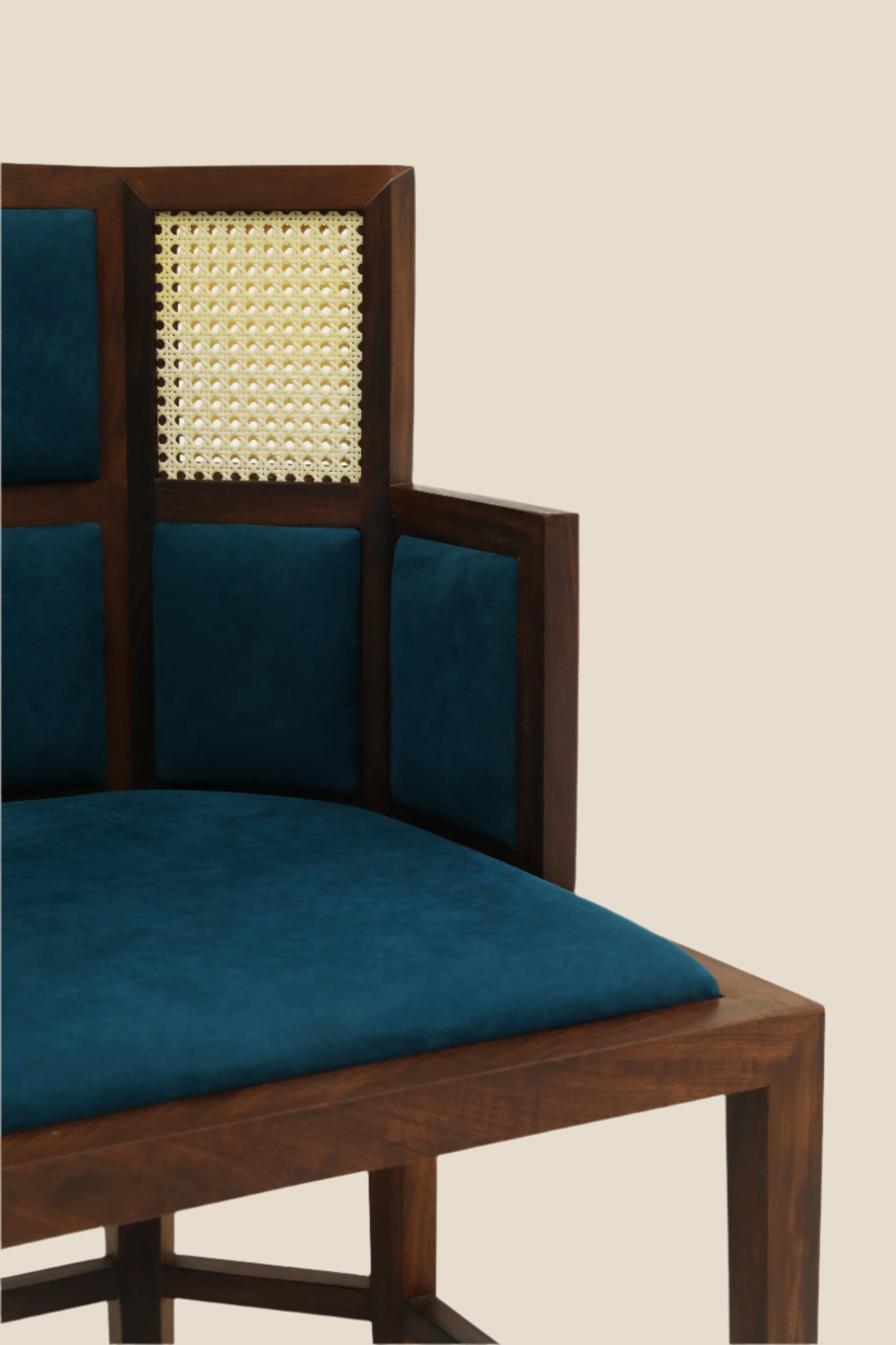 Handcrafted Minimalist hardwood armchair with luxurious teal upholstery - SOHOO