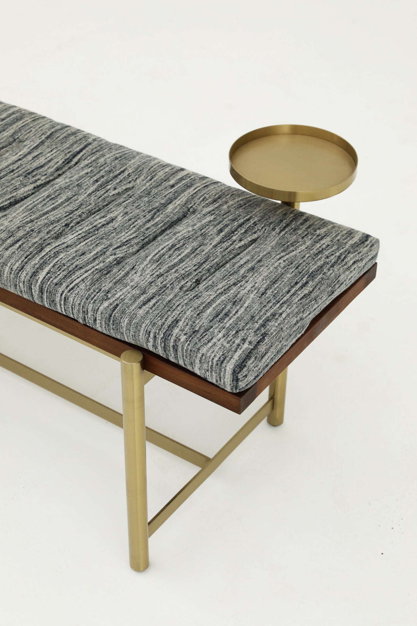 Handcrafted Natural Hardwood Contemporary Upholstered Bench with Brass Accents
