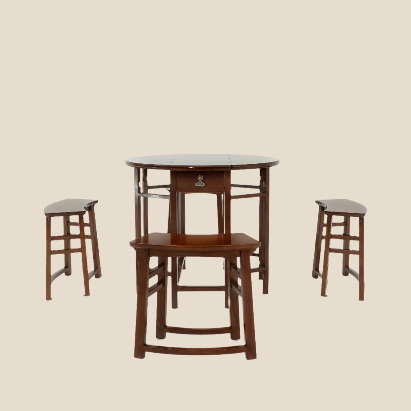 Handcrafted Natural Hardwood Multifunctional Drop-Leaf Dining Table Set, compact stool - SOHOO