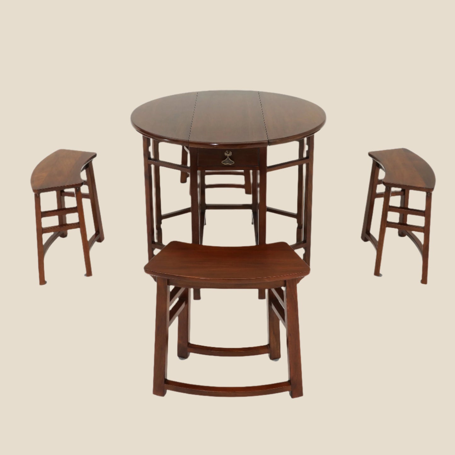 Handcrafted Natural Hardwood Multifunctional Drop-Leaf Dining Table Set, compact stool - SOHOO