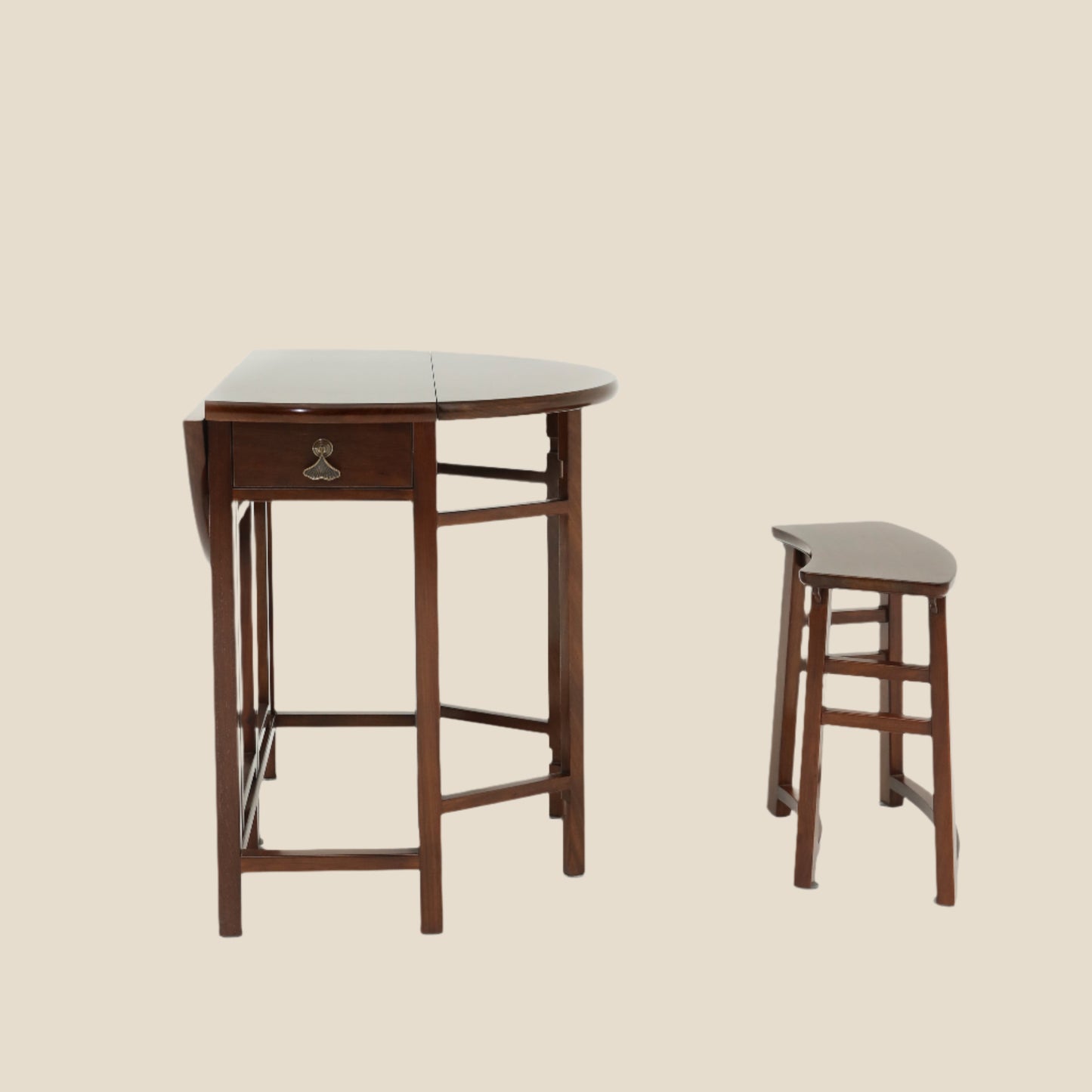 Handcrafted Natural Hardwood Multifunctional Drop-Leaf Dining Table Set, compact stool - SOHOO