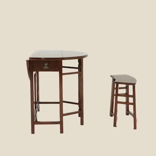 Handcrafted Natural Hardwood Multifunctional Drop-Leaf Dining Table Set, compact stool - SOHOO