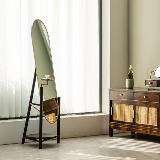 Hardwood Elegant Oval Full-Length Mirror with Shelf - SOHOO