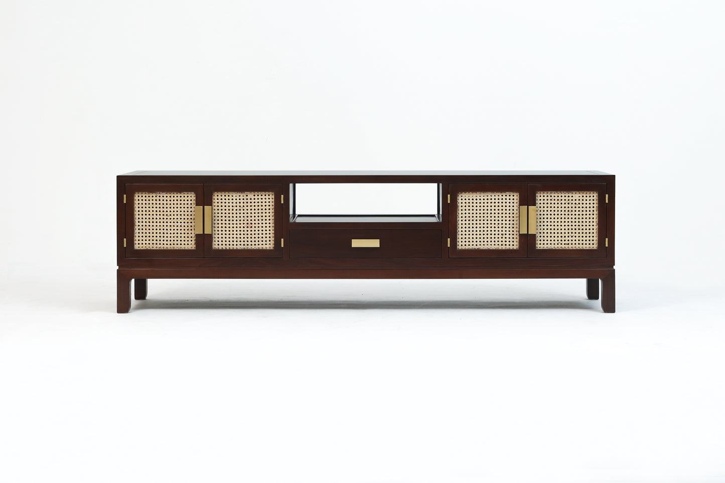 Handcrafted Modern Rattan & Brass Rack TV Cabinet, flexible rattan panel