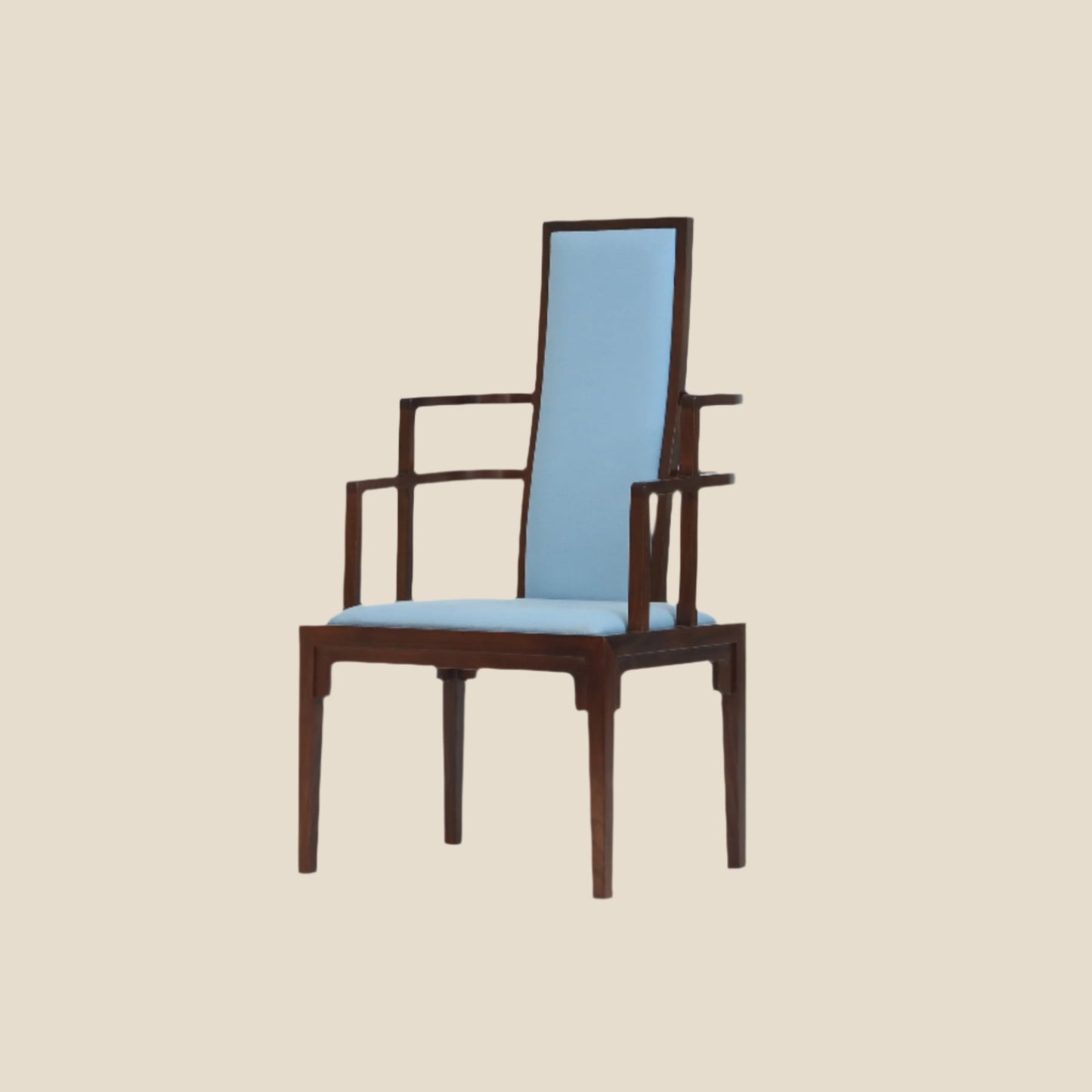 Handcrafted Wooden Armchair with Blue Upholstery – Elegant and Timeless Design