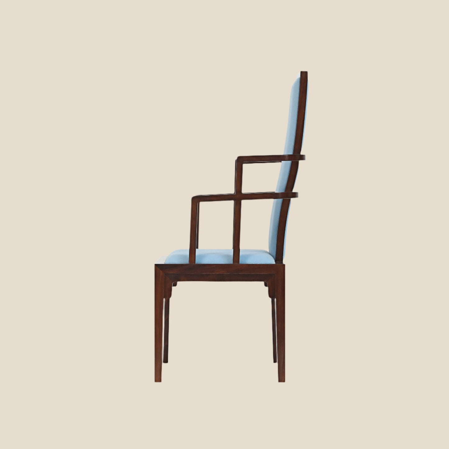 Handcrafted Wooden Armchair with Blue Upholstery – Elegant and Timeless Design