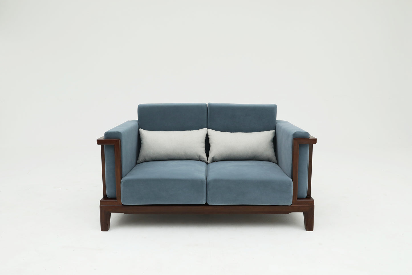 Mid-Century Modern 2-Seater Sofa | Solid Hardwood Frame with Plush Blue Upholstery