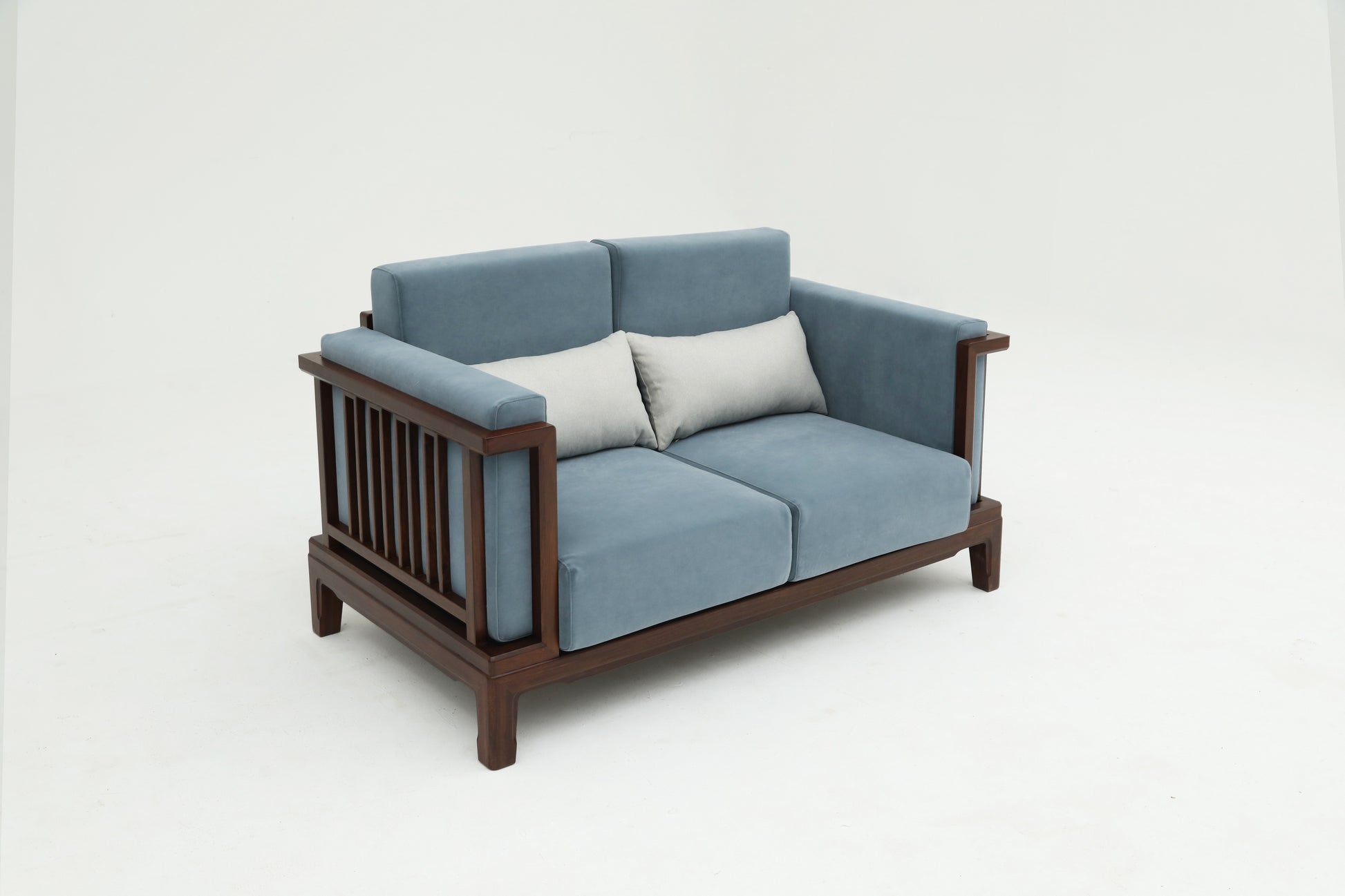 Mid-Century Modern 2-Seater Sofa | Solid Hardwood Frame with Plush Blue Upholstery - SOHOO