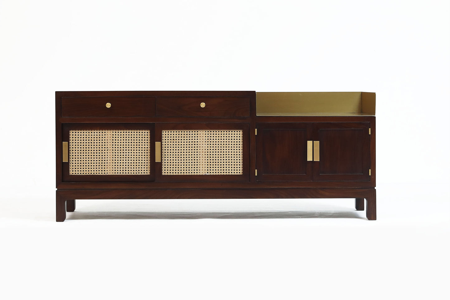 Modern Cane & Wood Buffet Cabinet with Brass Accents