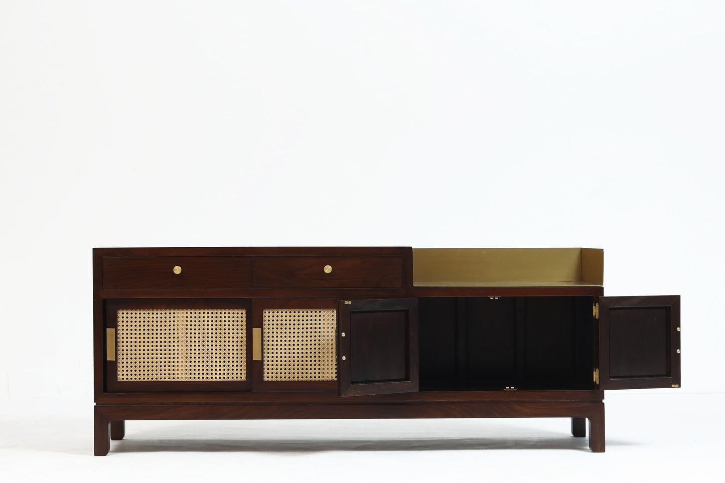 Modern Cane & Wood Buffet Cabinet with Brass Accents