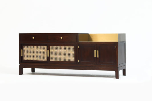 Modern Cane & Wood Buffet Cabinet with Brass Accents - SOHOO