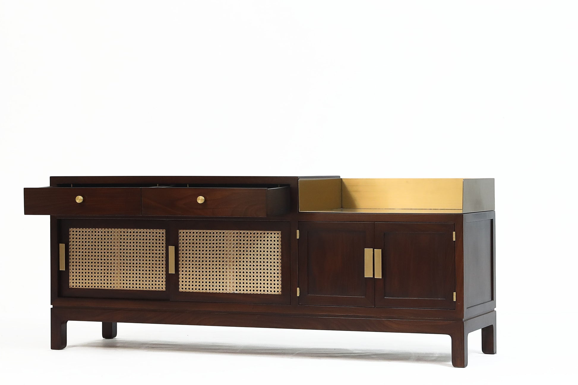 Modern Cane & Wood Buffet Cabinet with Brass Accents - SOHOO