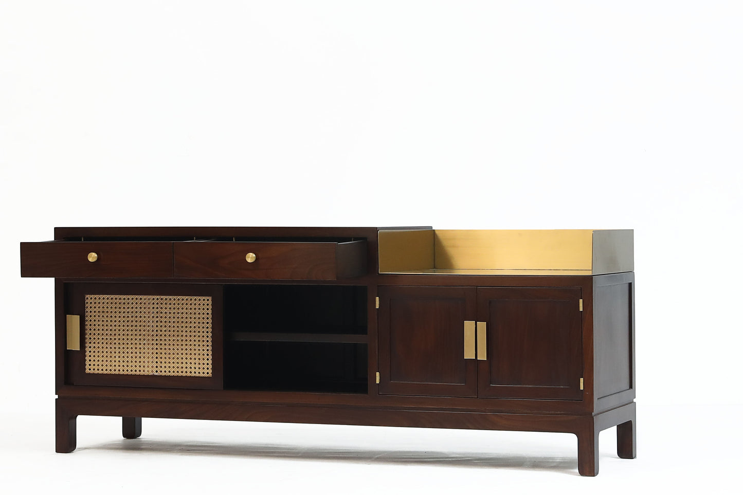 Modern Cane & Wood Buffet Cabinet with Brass Accents