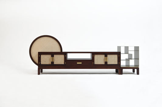 Handcrafted Modern  Rattan & Brass Rack TV Cabinet, flexible rattan panel - SOHOO
