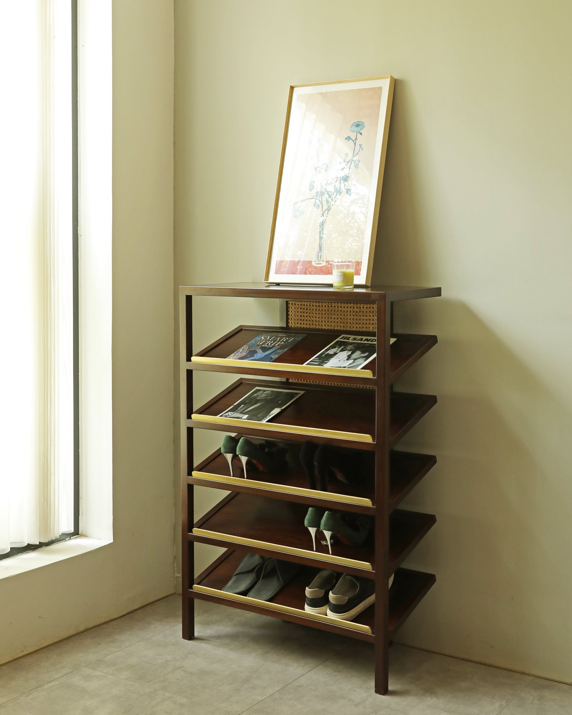 Handcrafted hardwood Artisan Wooden Shoe Rack with Rattan Accents, book rack, magzine rack - SOHOO