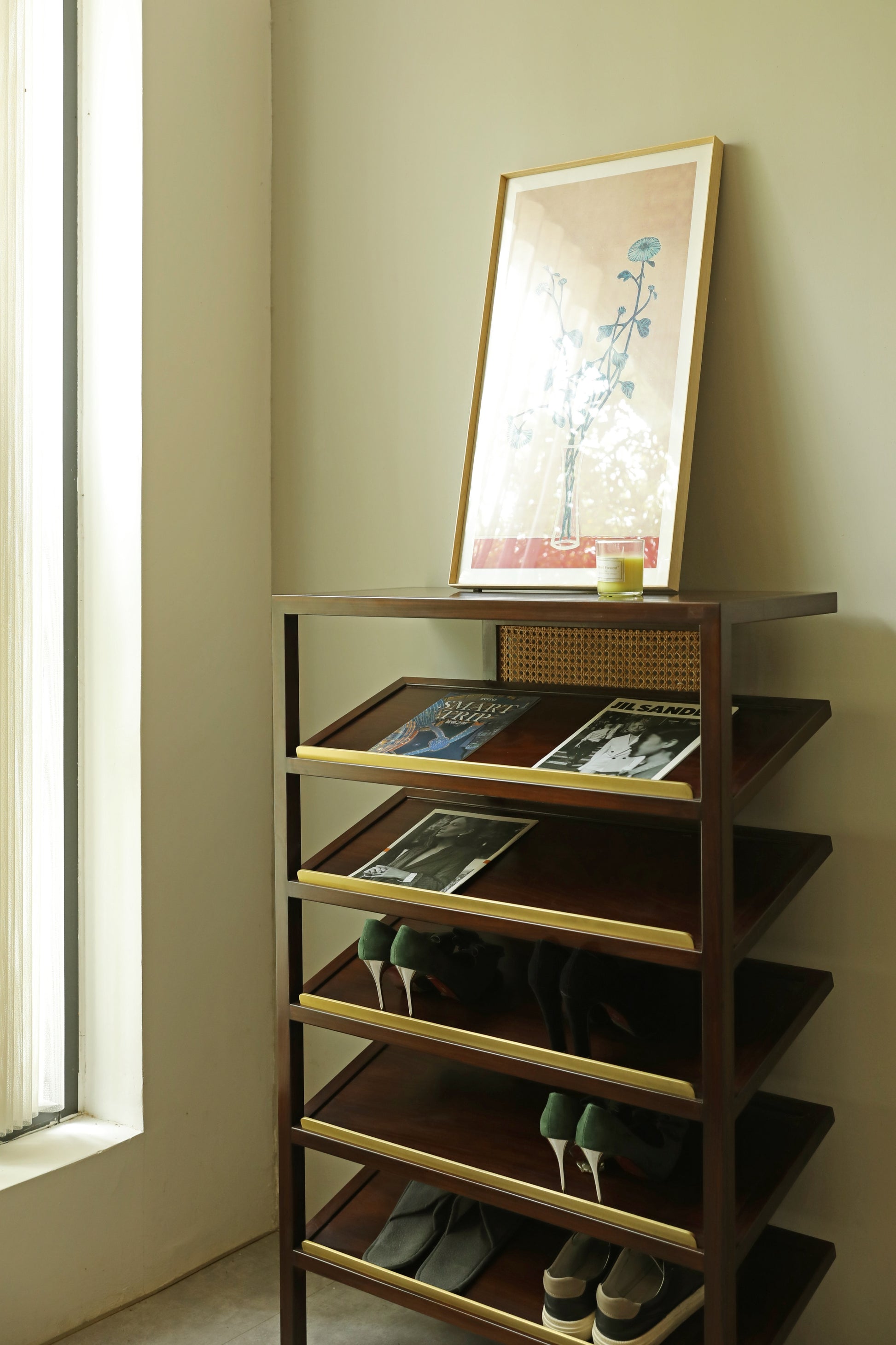 Handcrafted hardwood Artisan Wooden Shoe Rack with Rattan Accents, book rack, magzine rack - SOHOO
